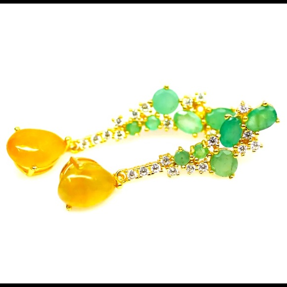 Natural Emerald and Yellow Sapphire Cabochon earrings 14k over 925 Silver New - Picture 2 of 5